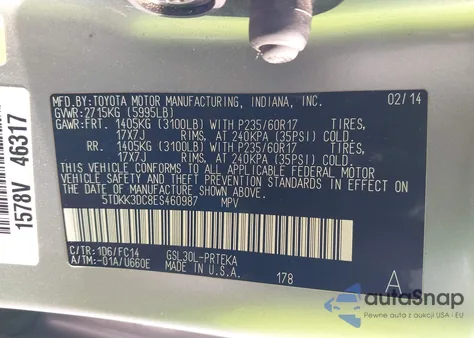 2014 Toyota Sienna Le V6 8 Passenger z USA, uszkodzony, nr VIN 5TDKK3DC8ES460987